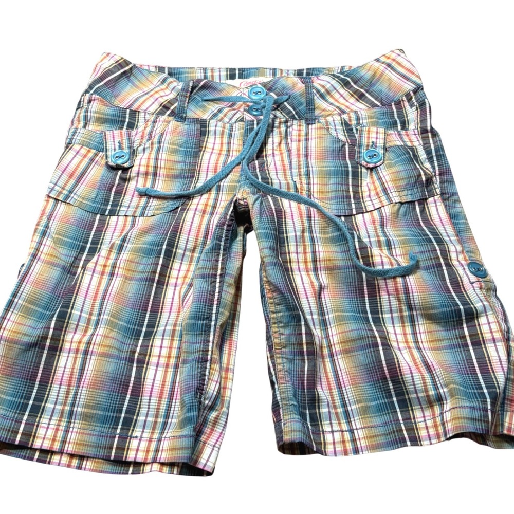 Y2K Capri Candies Plaid Bermuda Shorts Teal Pink Drawstring Cotton Blend Size 7